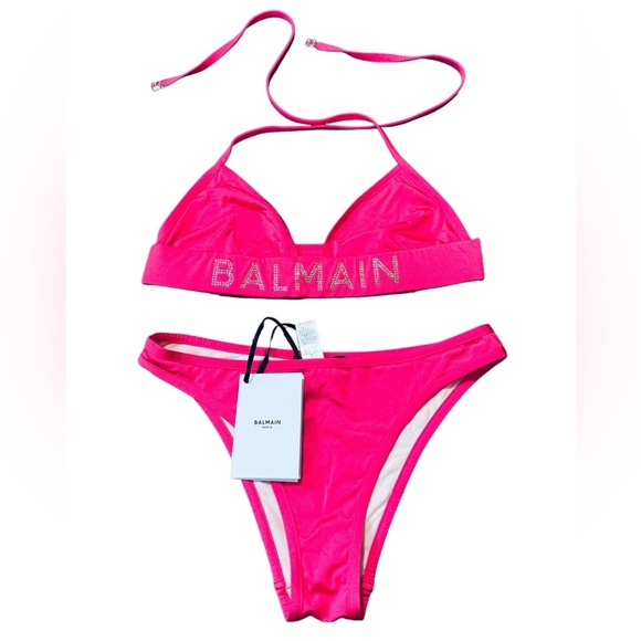 BALMAIN**BARBIE Fuscia Pink w/Strass Crystal Logo Bikini Set***F36;Sm. $545 - Picture 3 of 11